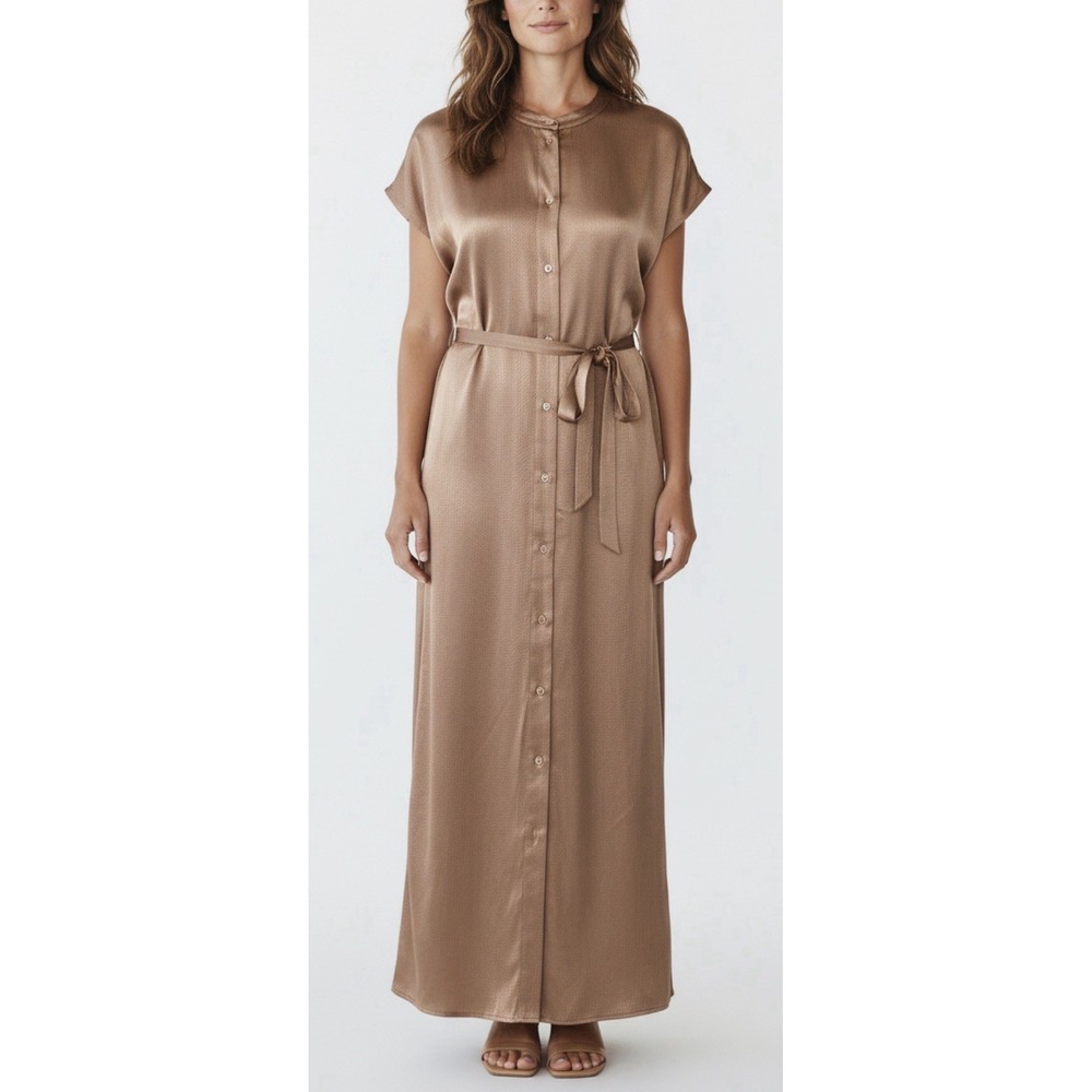 Banana Republic Satin Tie Waist Maxi Shirt Dress L Tall Taupe Luxury Utility